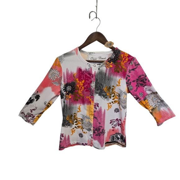Onque Casuals Sweaters - Onque Casuals Paris Print Cardigan Pink Orange Floral 3/4 Sleeve Size S